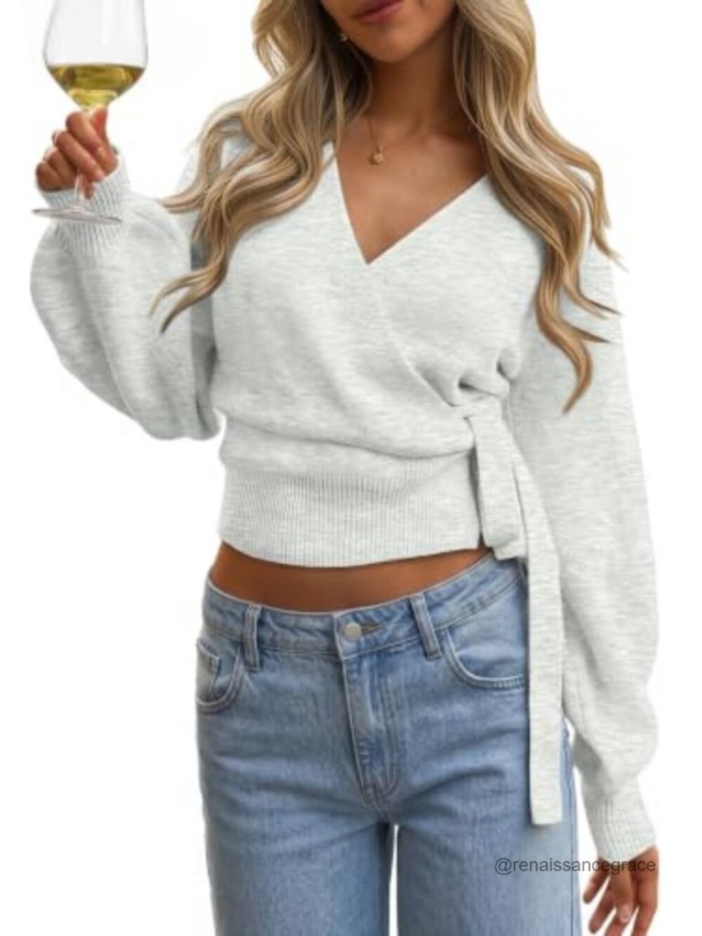 Womens Wrap Cropped Open Front Pullover Sweater Tie Front Knit Top